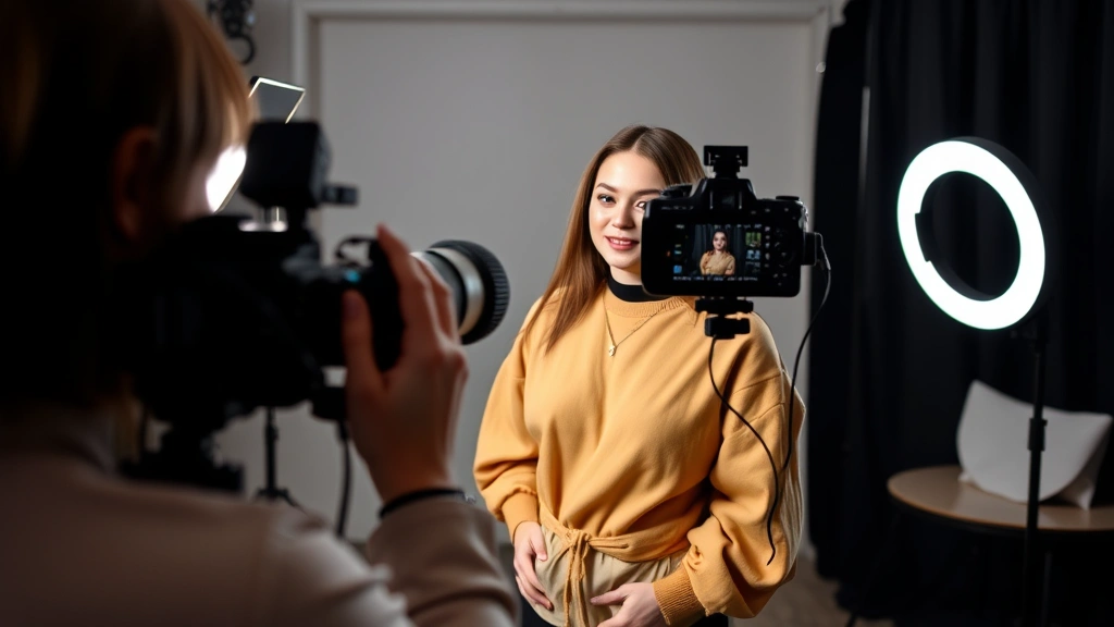Fashion influencer filming TikTok video with ring light setup, showing creative process behind social media content, casual studio environment, professional but authentic atmosphere