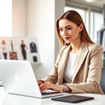 Professional woman in stylish blazer working at modern desk with laptop, fashion mood board visible, bright natural lighting, confident expression, contemporary office environment