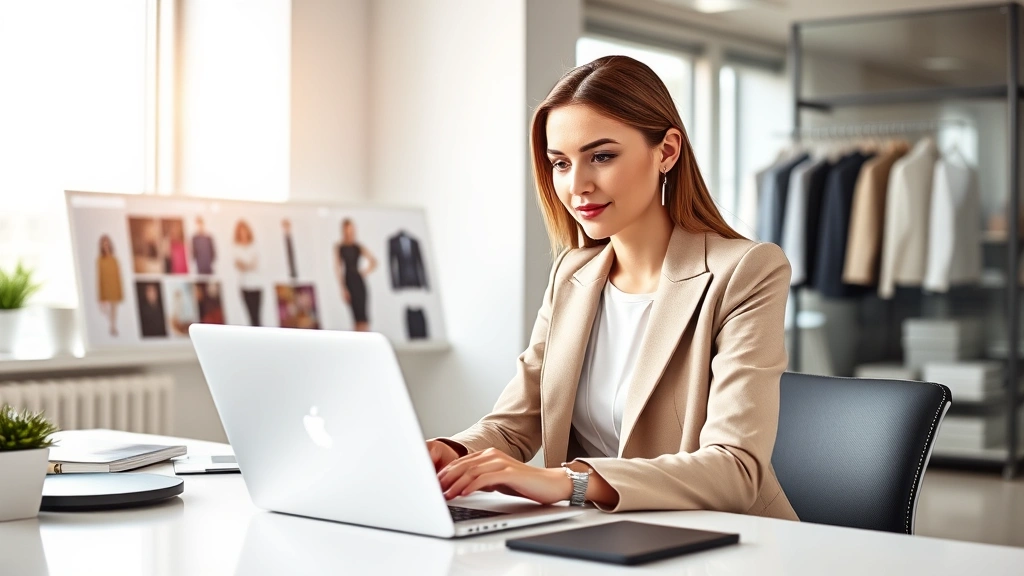 Professional woman in stylish blazer working at modern desk with laptop, fashion mood board visible, bright natural lighting, confident expression, contemporary office environment