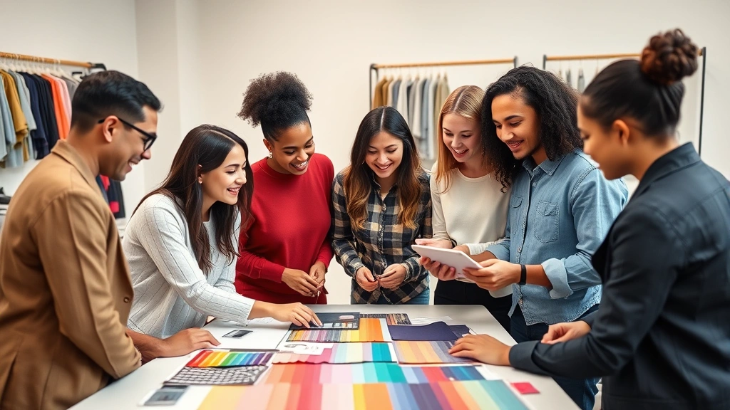 Diverse group of fashion marketing professionals collaborating in creative studio, reviewing campaign concepts on tablet, colorful fabric swatches and design elements visible, collaborative energy