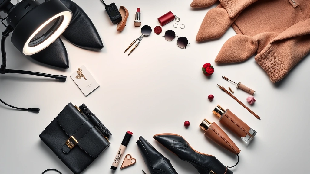 Fashion brand social media content creation scene, styled flat lay of luxury fashion items, professional photography setup with ring light, minimalist aesthetic, trendy color palette