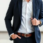 Professional man wearing tailored navy blazer, crisp white dress shirt, and quality leather dress shoes, standing confidently in minimalist modern office setting, natural lighting highlighting fabric texture and fit precision