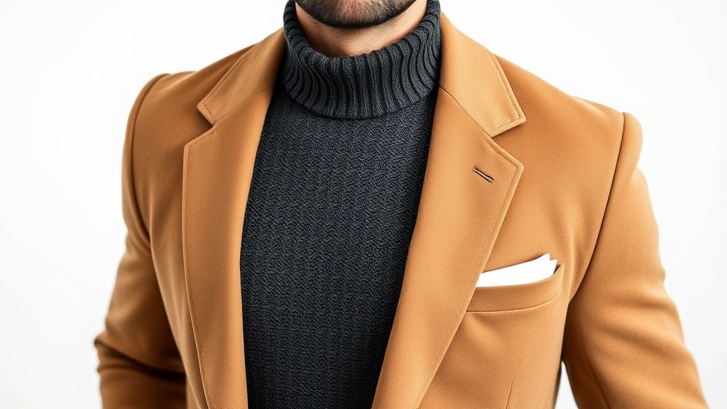 Stylish man layering textured charcoal crew neck sweater over white dress shirt with camel blazer, demonstrating contemporary masculine fashion proportion and color coordination in neutral palette