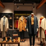 Professional retail boutique display featuring coordinated autumn fashion collection with rich jewel tones, layered clothing on mannequins, strategic lighting highlighting textures and draping, wooden fixtures and warm ambient lighting creating inviting shopping environment