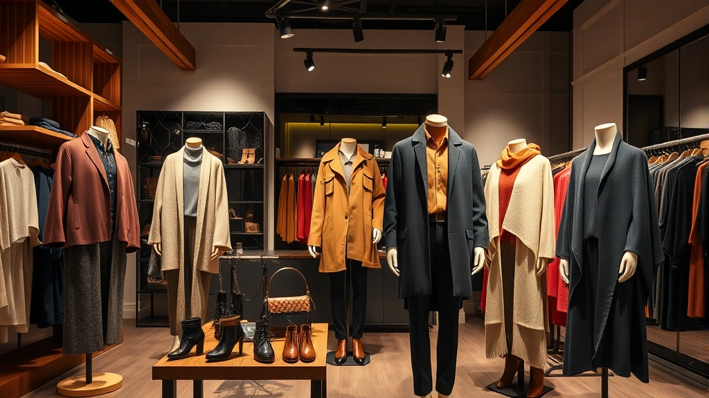 Professional retail boutique display featuring coordinated autumn fashion collection with rich jewel tones, layered clothing on mannequins, strategic lighting highlighting textures and draping, wooden fixtures and warm ambient lighting creating inviting shopping environment