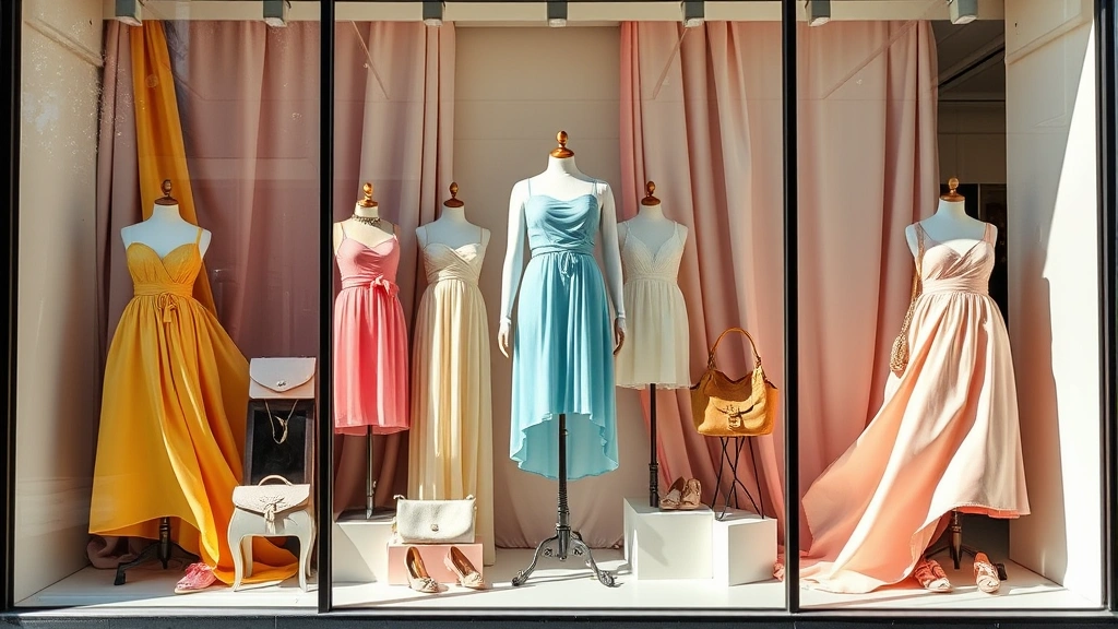 Fashion retail store window display showcasing spring collection with bright pastels, flowing fabrics on dress forms, asymmetrical arrangement with focal point piece centered, natural light illuminating colors, complementary accessories arranged artfully around main items