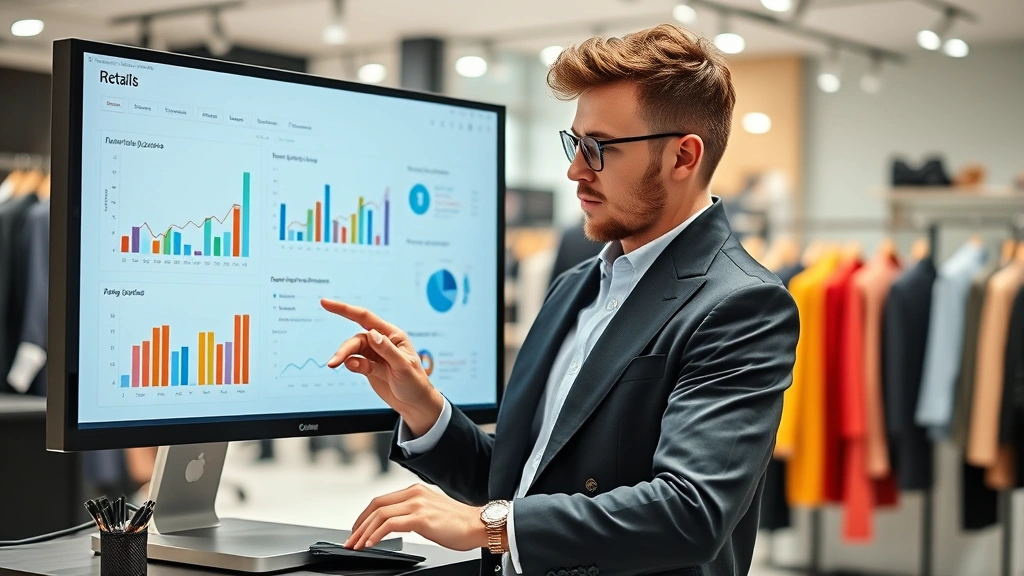 Fashion merchandiser analyzing data on digital dashboard with retail analytics charts, modern office setting, professional attire, focused expression examining market trends