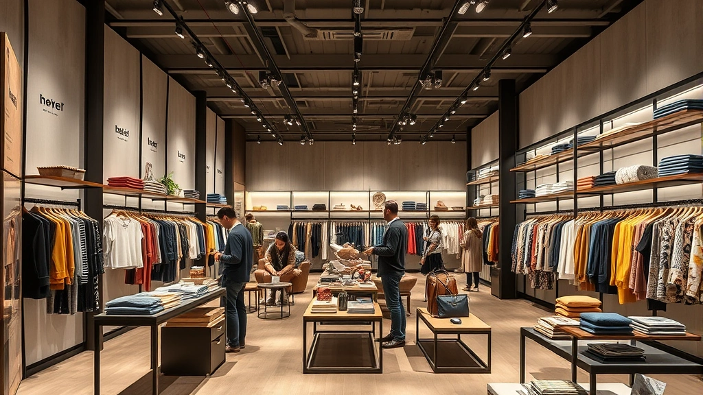 Modern retail store interior with sophisticated visual merchandising, curated product displays, strategic lighting, diverse clothing arranged by color and style, customers browsing