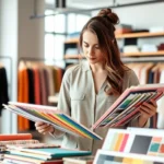 Professional female merchandiser analyzing colorful fabric swatches and trend boards at a modern retail workspace, holding color palettes and mood boards, natural lighting, fashion-forward aesthetic