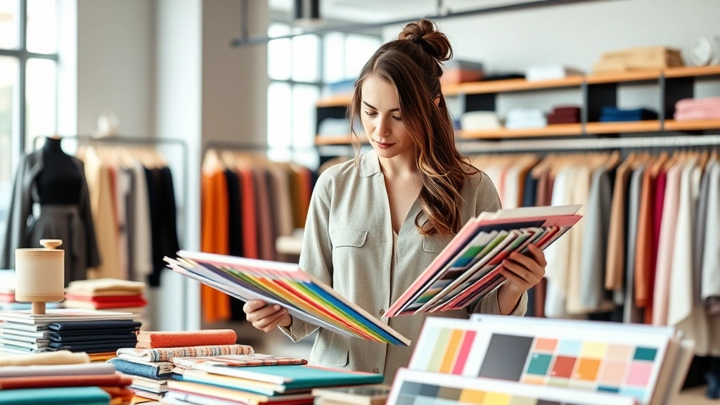 Professional female merchandiser analyzing colorful fabric swatches and trend boards at a modern retail workspace, holding color palettes and mood boards, natural lighting, fashion-forward aesthetic
