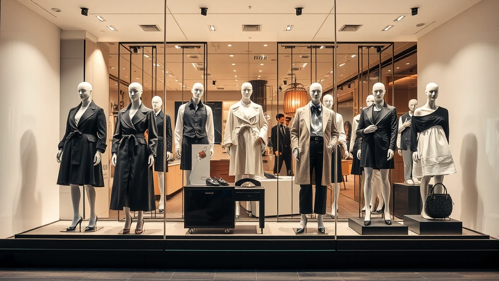 Luxury retail store window display with sophisticated clothing arrangement, mannequins in designer outfits, elegant lighting and staging, upscale brand presentation, high-end fashion retail environment