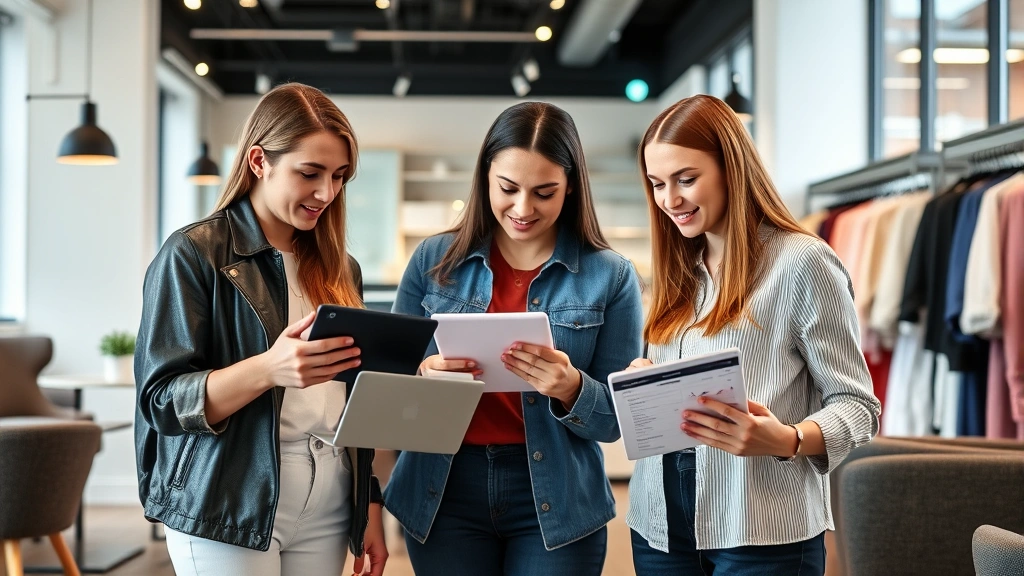 Young merchandiser team collaborating in contemporary office space, reviewing digital tablets showing product analytics and sales data, diverse professionals discussing retail strategy, modern workspace