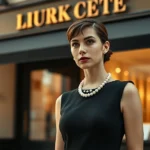 Elegant woman in classic black Audrey Hepburn-style dress and pearl necklace, standing in front of luxury boutique storefront, soft golden hour lighting, sophisticated and timeless aesthetic, high-end fashion photography style