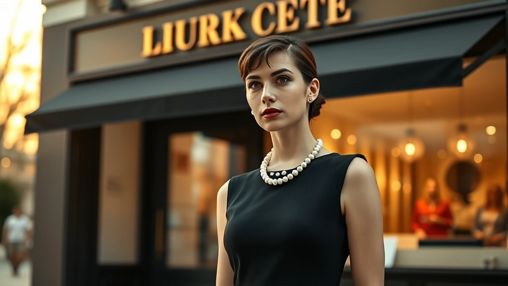 Elegant woman in classic black Audrey Hepburn-style dress and pearl necklace, standing in front of luxury boutique storefront, soft golden hour lighting, sophisticated and timeless aesthetic, high-end fashion photography style