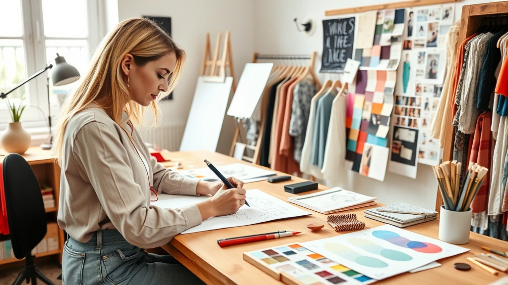 Fashion designer sketching on white paper at wooden studio desk surrounded by fabric swatches, color samples, and design inspiration boards, creative workspace, natural daylight, focused artistic expression