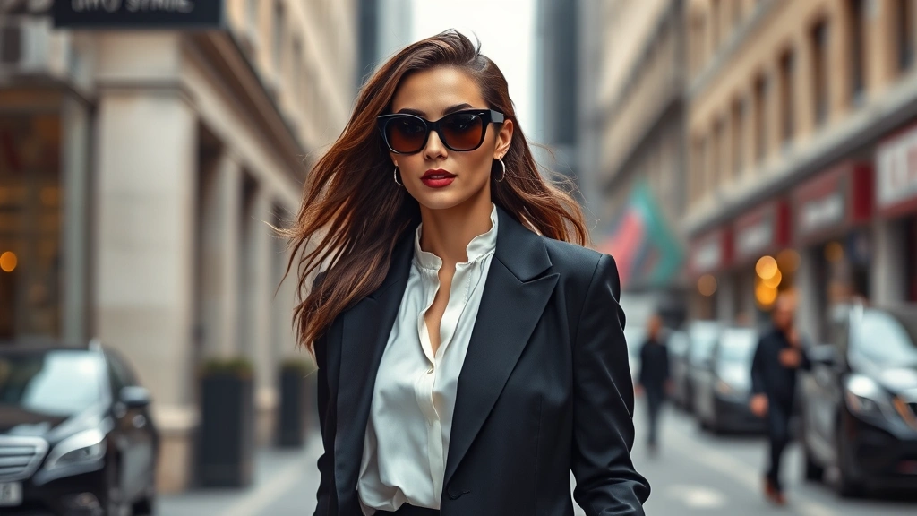 Fashionable woman wearing oversized designer sunglasses, white silk blouse, and tailored blazer walking through modern city street, confident stride, urban chic aesthetic, professional style editorial photography