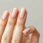 Close-up of elegant minimalist nail design featuring soft beige with single thin gold line accent, natural hand positioning against neutral background, professional salon lighting, photorealistic