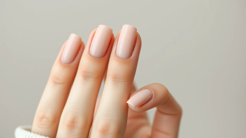 Close-up of elegant minimalist nail design featuring soft beige with single thin gold line accent, natural hand positioning against neutral background, professional salon lighting, photorealistic