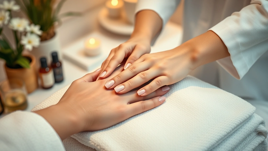 Luxury nail spa treatment scene showing hands receiving therapeutic massage with premium oils, serene spa environment with soft lighting and natural elements, peaceful wellness ambiance, photorealistic