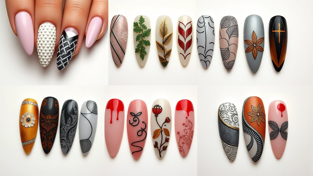Fashion-forward nail art display showcasing diverse design styles including textured finishes, dimensional elements, and cultural-inspired patterns on multiple nail presentations, artistic composition, photorealistic