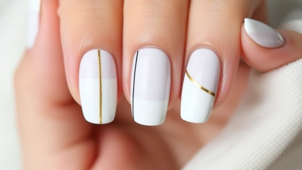 Minimalist nail art featuring clean geometric lines, negative space design, monochromatic palette with single gold accent line on natural nails, professional manicure photography