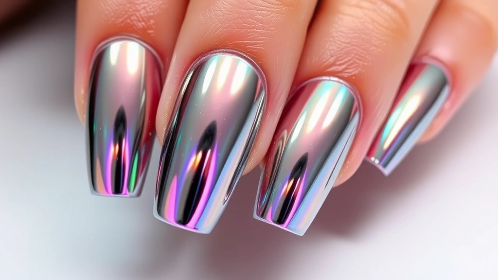 Chrome mirror-finish nails with liquid-metal appearance reflecting light, iridescent holographic effects, futuristic nail design showcasing metallic innovation and depth