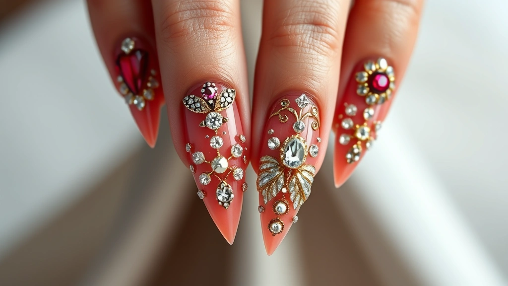 Luxury 3D nail jewelry embellishments including gems, crystals, and studs arranged in sophisticated patterns, sculptural nail art with dimensional depth on elegant hands