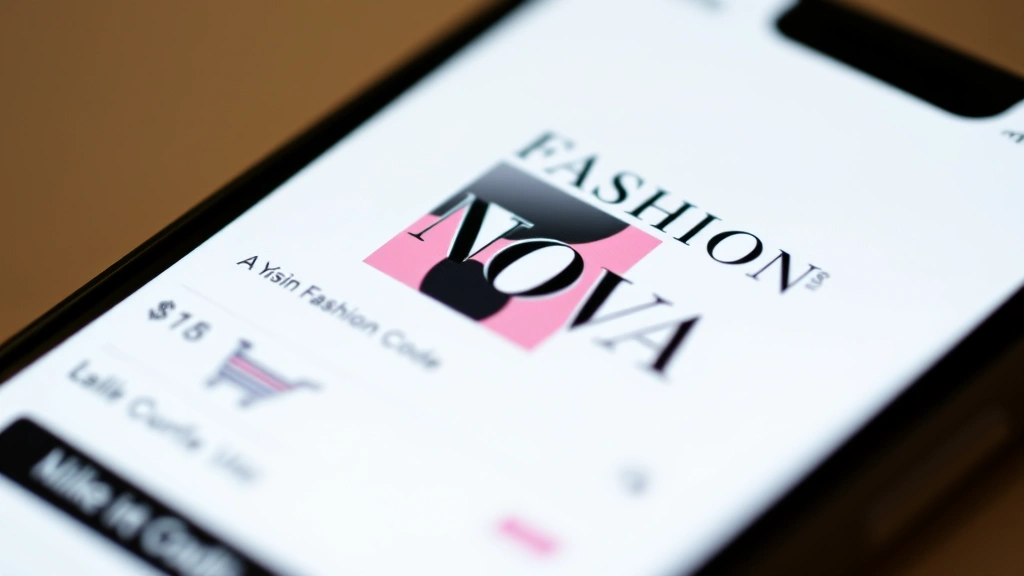 Close-up of smartphone screen showing Fashion Nova app with discount code visible, shopping cart interface, bright clean design, selective focus
