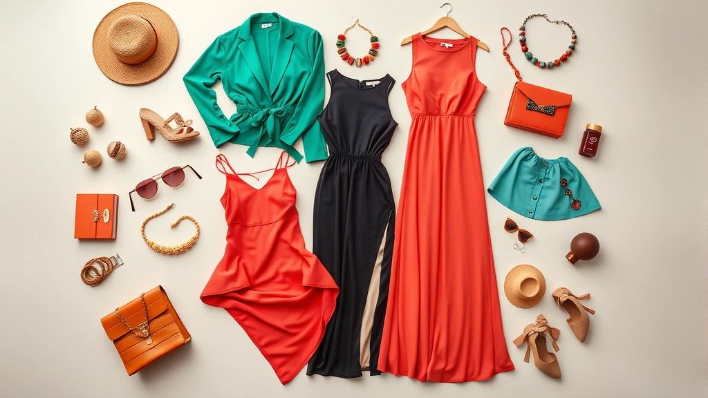 Fashion Nova clothing flat lay arrangement featuring colorful pieces, dresses, accessories artfully arranged on neutral background, overhead view