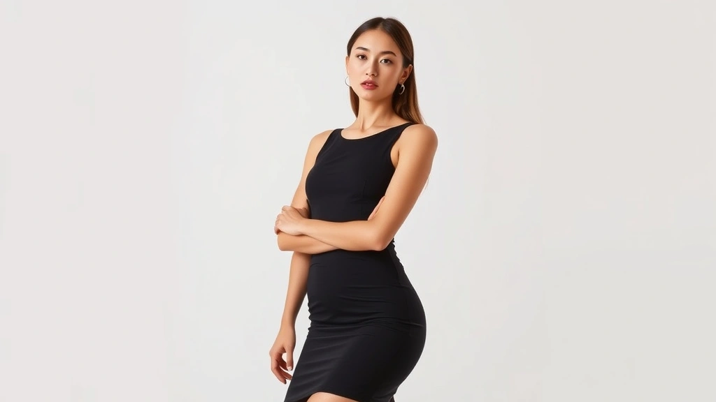 Woman wearing sleek black bodycon dress with minimalist styling, posing against neutral background, professional fashion photography, modern elegant aesthetic, natural lighting