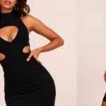 Woman wearing form-fitting black Fashion Nova bodycon dress with dramatic cutout details, metallic accessories, confident pose against neutral backdrop, professional fashion photography