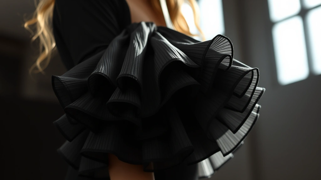 Close-up of Fashion Nova costume sleeve details showing voluminous ruffles and asymmetrical construction, model wearing piece, dramatic lighting highlighting texture and fabric complexity