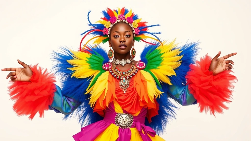 Fashion Nova multi-color blockbuster costume on model, statement jewelry, complete styling with complementary accessories, dynamic pose showing how bold pieces work in real-world fashion contexts