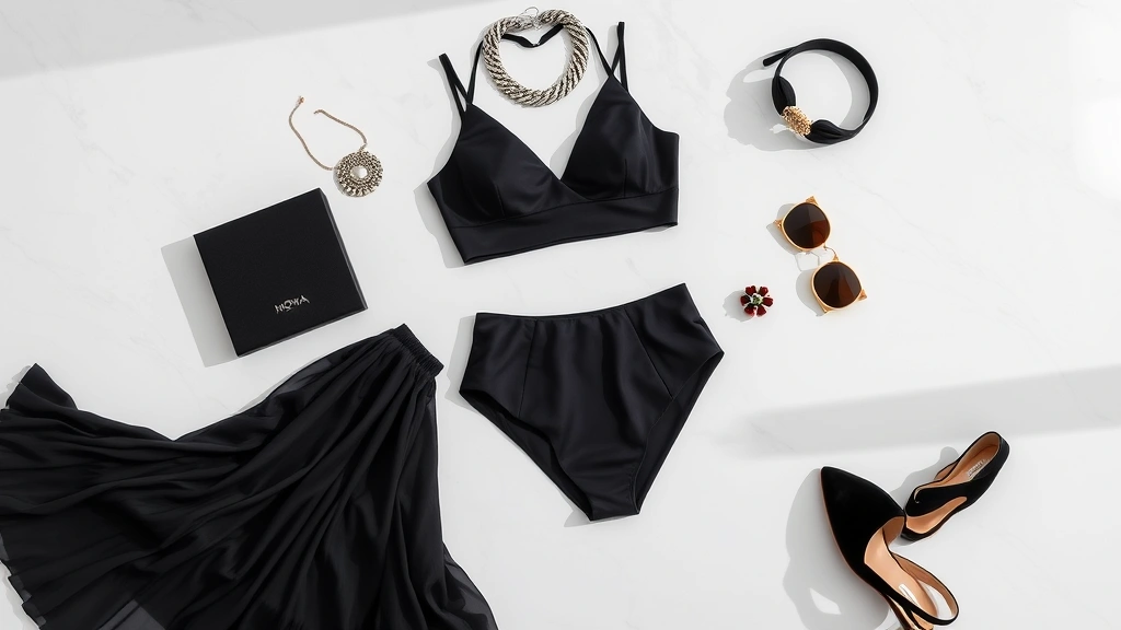 Flat lay of Fashion Nova clothing collection including bodysuit, skirt, and accessories arranged artfully on white marble surface with soft shadows, minimalist aesthetic, high fashion presentation