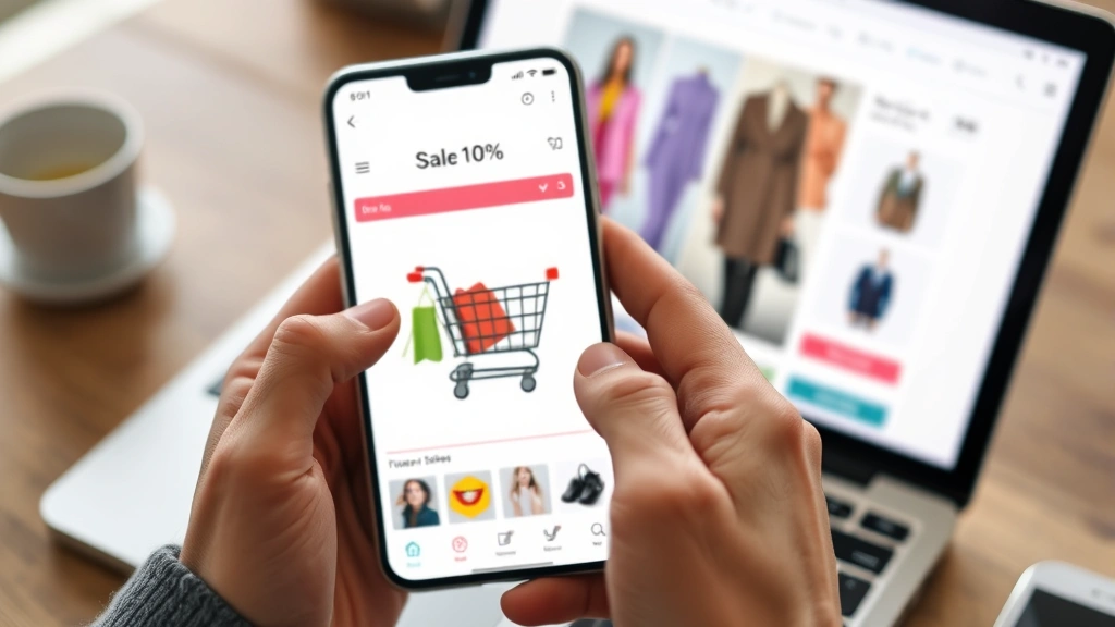 Close-up of hands holding smartphone displaying shopping cart with fashion items, laptop visible in background showing sale percentage, lifestyle shopping concept