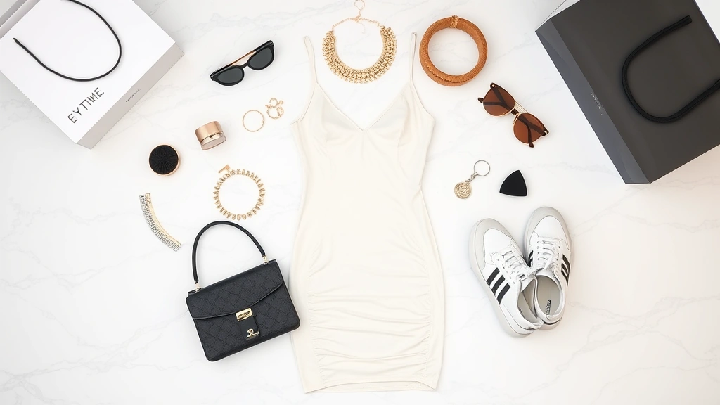 Flat lay of trendy fashion pieces including bodycon dress, accessories, and sneakers arranged artfully on marble surface with shopping bags, fashion flat lay photography