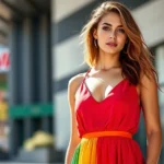 Young woman wearing trendy Fashion Nova dress in vibrant colors, confident pose, natural sunlight, modern urban setting, professional fashion photography style