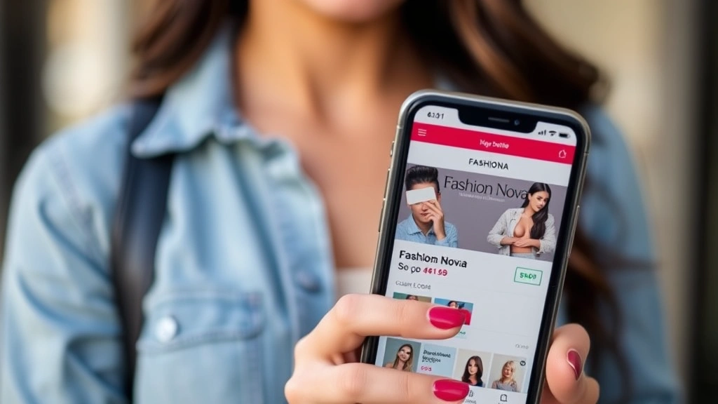 Close-up of woman holding smartphone showing Fashion Nova app with discount code visible on screen, fashion shopping context, natural lighting, lifestyle photography