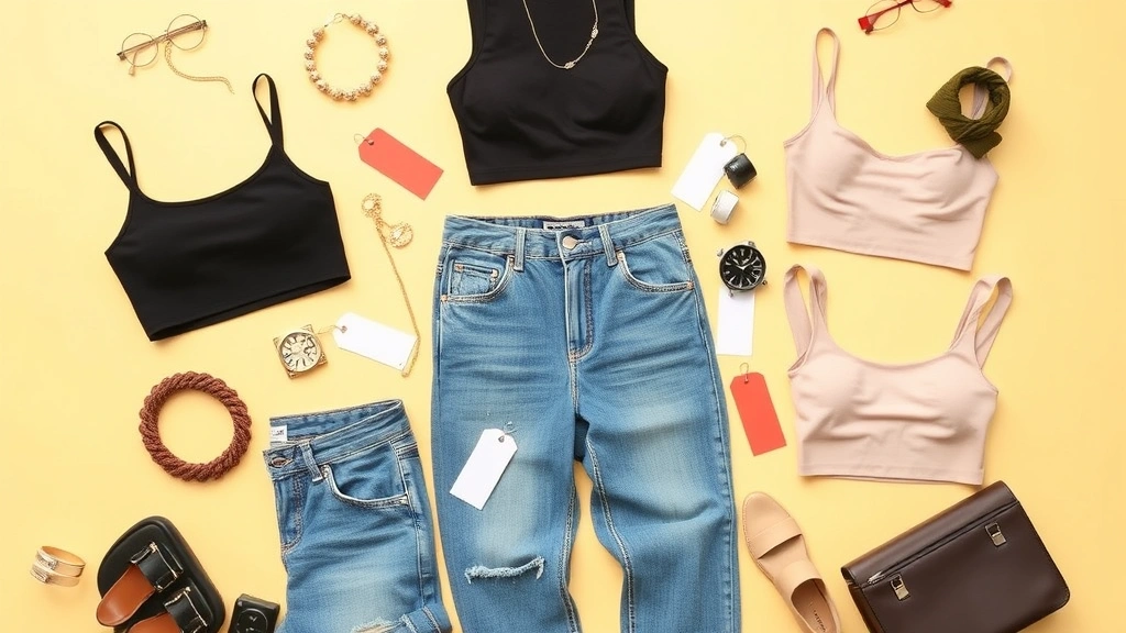 Flat lay of fashion items including crop tops, high-waisted jeans, and accessories arranged artfully with discount tags, bright minimalist background, shopping aesthetic