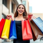 Young woman holding multiple colorful Fashion Nova shopping bags with excited expression, wearing trendy bodycon dress, natural lighting, modern urban background