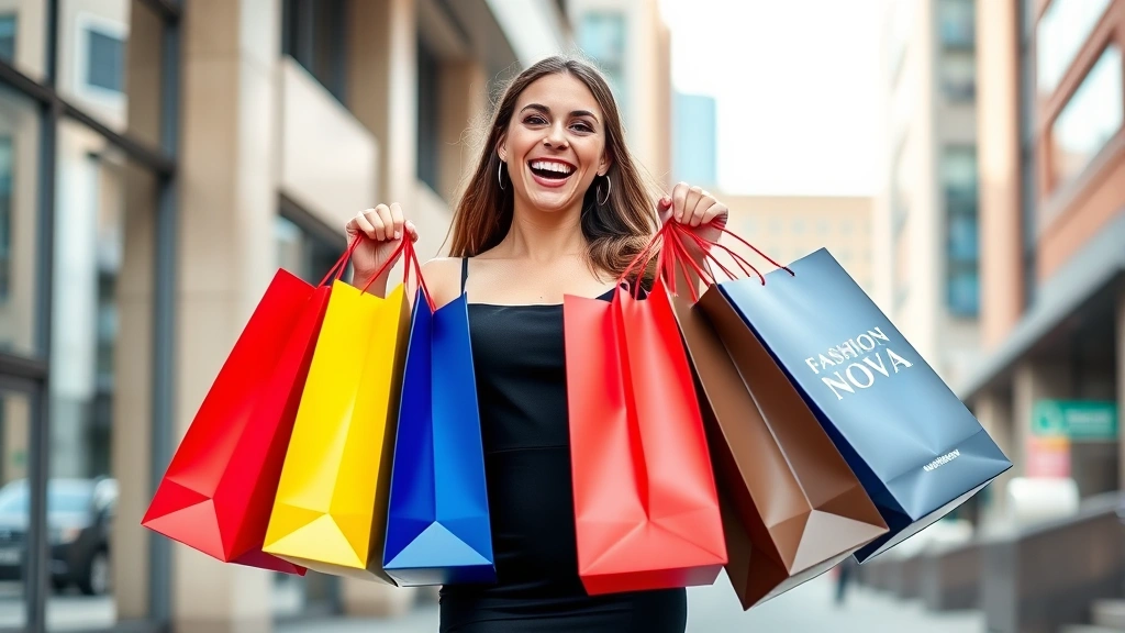 Young woman holding multiple colorful Fashion Nova shopping bags with excited expression, wearing trendy bodycon dress, natural lighting, modern urban background