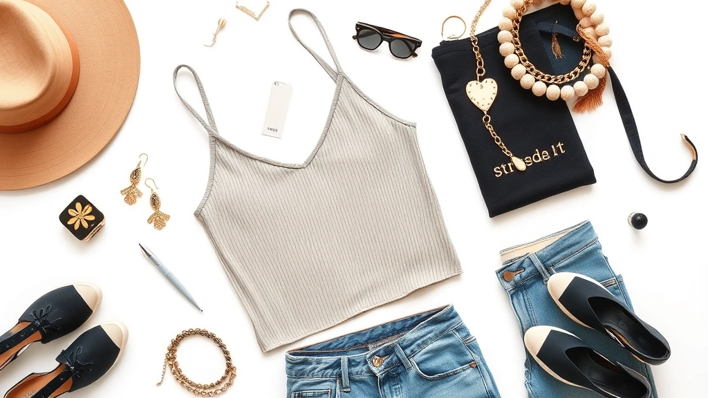 Flat lay of fashion items including statement top, jeans, and accessories arranged on white surface with discount tag showing percentage off, minimalist styling