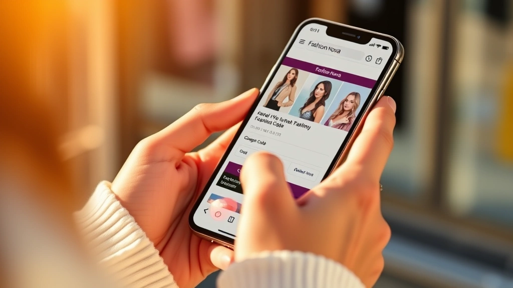 Close-up of woman's hands using smartphone at checkout with Fashion Nova website displayed on screen, entering coupon code, warm natural light
