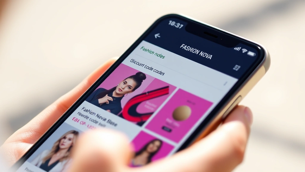 Close-up of smartphone screen displaying Fashion Nova mobile app interface with discount codes and promotional banners visible, hands holding phone, bright natural daylight