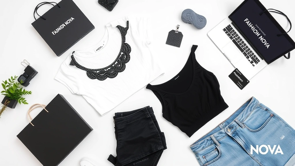 Flat lay fashion styling scene featuring Fashion Nova clothing pieces arranged artfully with shopping bags, credit card, and laptop showing coupon code, neutral aesthetic background