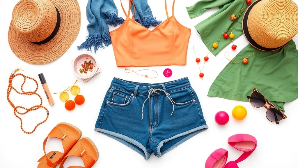 Flat lay of colorful Fashion Nova clothing pieces including crop top, shorts, and accessories arranged on white background, styled fashion blog aesthetic
