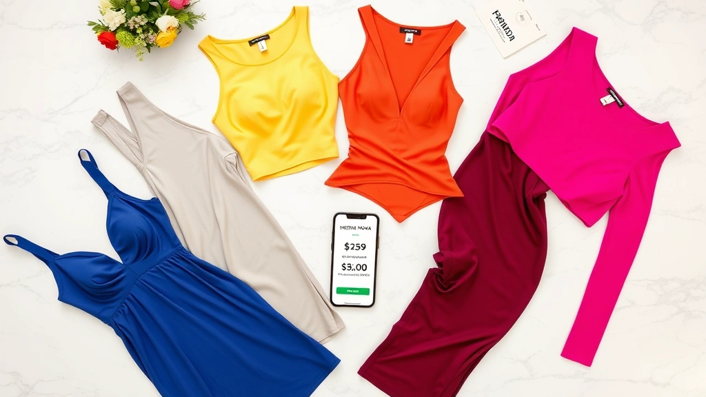 Overhead flat lay of multiple Fashion Nova clothing items including curve-hugging dresses and tops in vibrant colors arranged artfully on marble surface with smartphone showing discount code