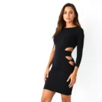 Woman wearing fitted black Fashion Nova bodycon dress with strategic side cutouts, standing confidently against minimalist white background, professional fashion photography style, natural lighting, showcasing garment construction and fit quality