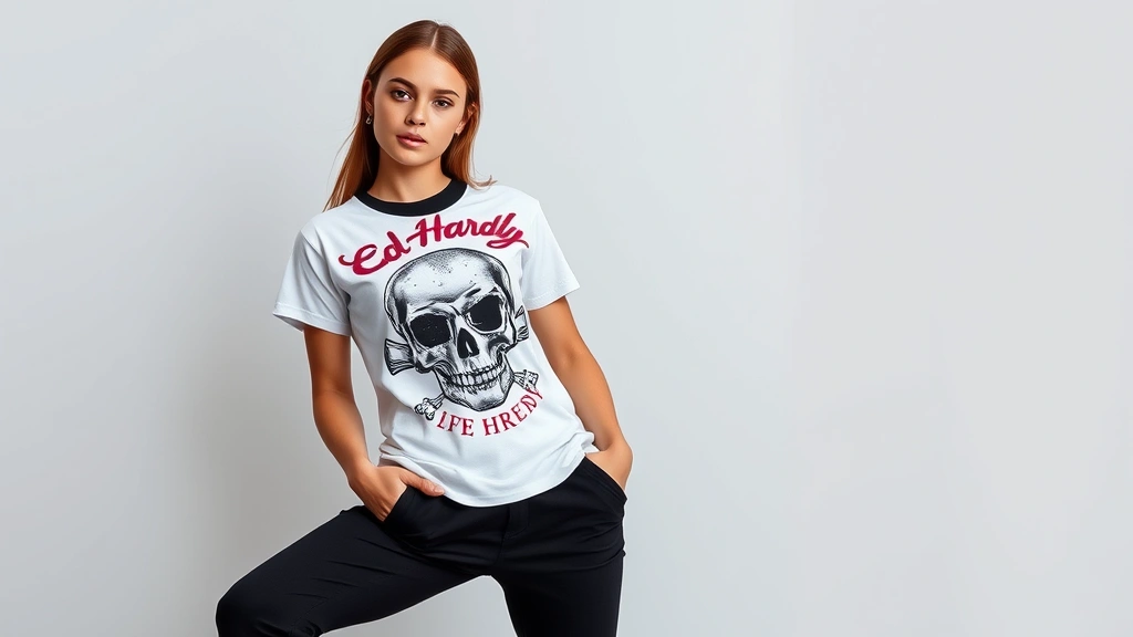 Young woman wearing vibrant Ed Hardy graphic tee with skull motif and rhinestone details, styled with black tailored trousers and minimalist white sneakers, confident pose against neutral background, natural lighting, contemporary fashion photography, modern interpretation of early 2000s luxury aesthetic