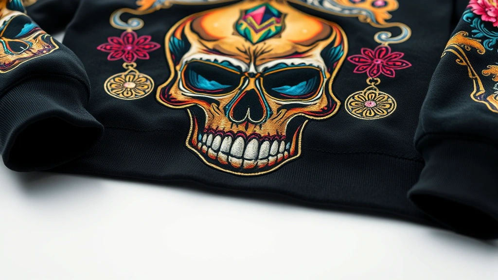 Close-up of Ed Hardy collection hoodie featuring intricate skull artwork with jewel-tone colors and refined embellishments, laid flat on white surface, showing texture and graphic detail, professional product photography, studio lighting highlighting embroidered elements and color richness